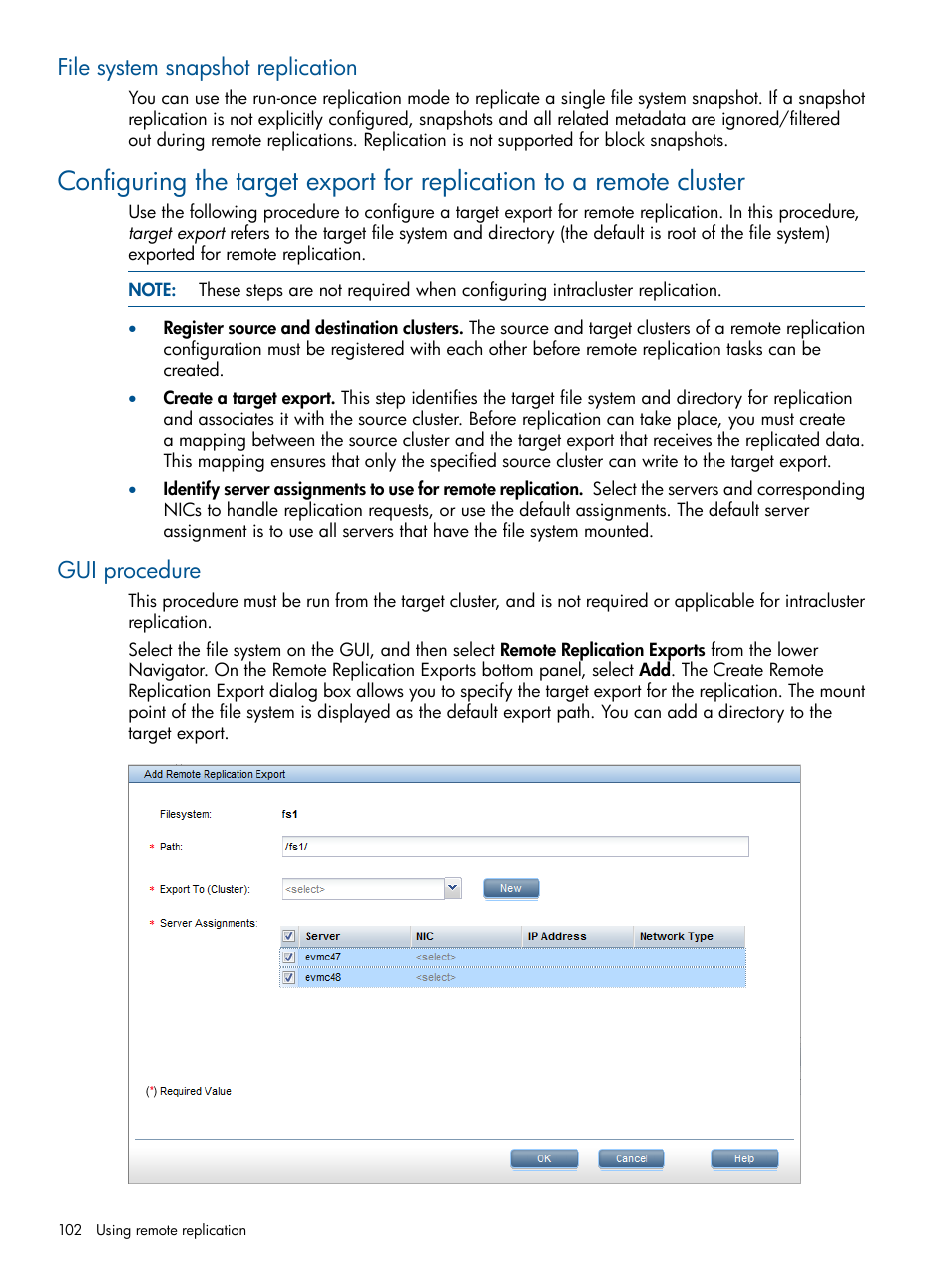 File system snapshot replication, Gui procedure | HP StoreAll Storage User Manual | Page 102 / 165