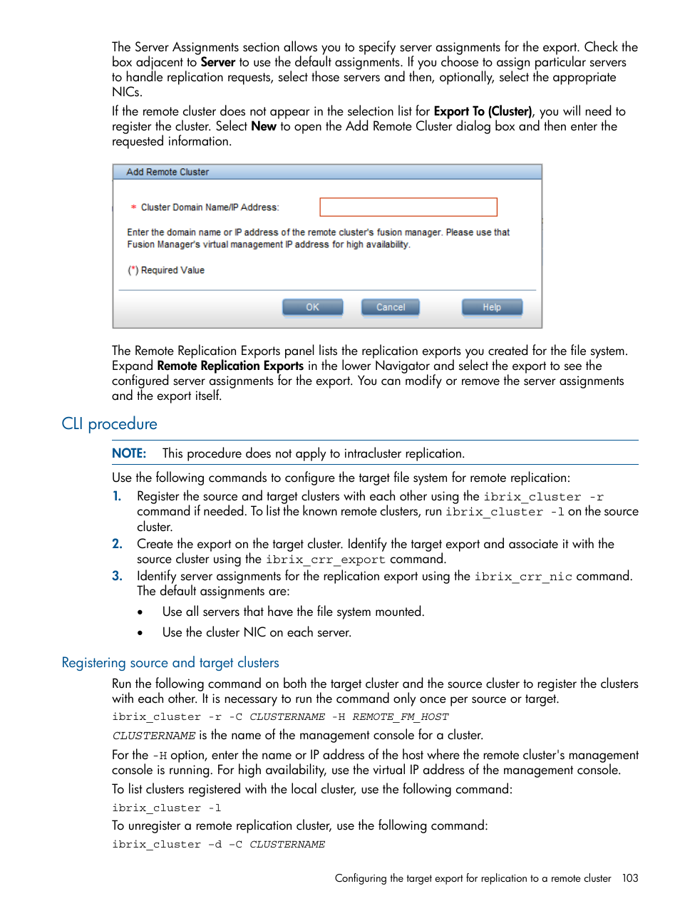 Cli procedure, Registering source and target clusters | HP StoreAll Storage User Manual | Page 103 / 165