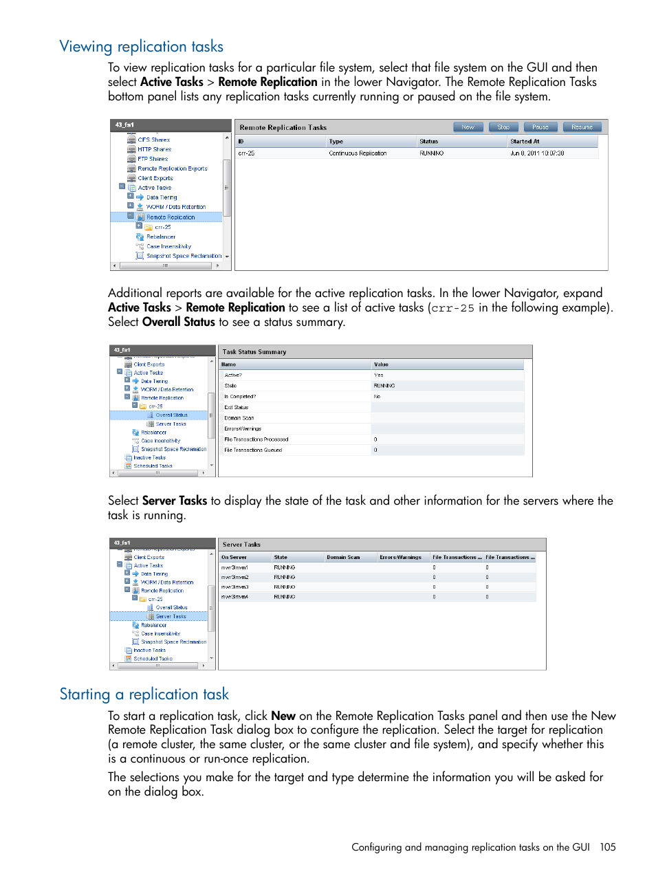 Viewing replication tasks, Starting a replication task | HP StoreAll Storage User Manual | Page 105 / 165