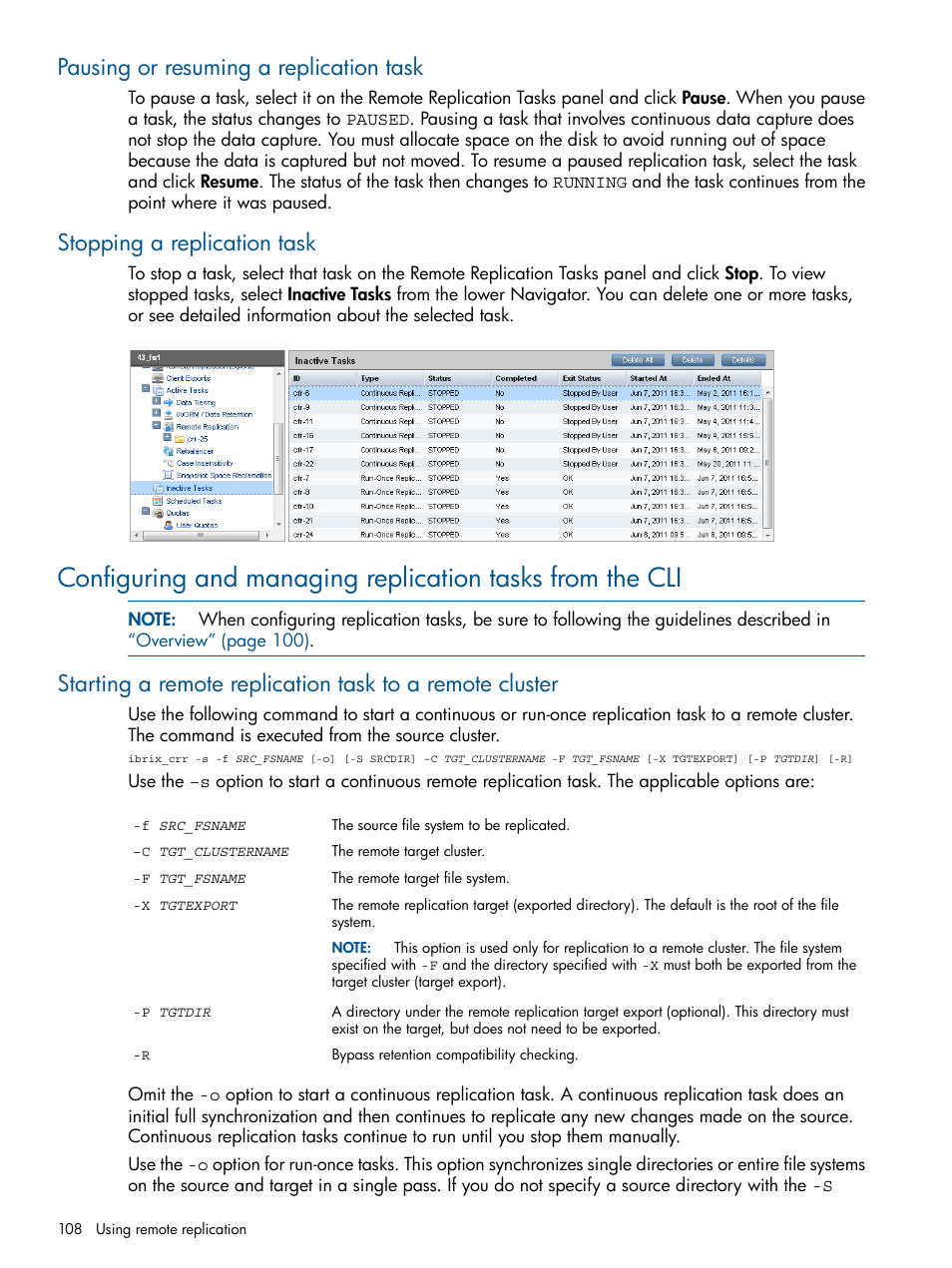 Pausing or resuming a replication task, Stopping a replication task | HP StoreAll Storage User Manual | Page 108 / 165