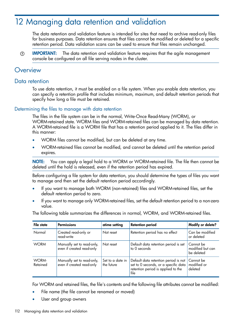 12 managing data retention and validation, Overview, Data retention | HP StoreAll Storage User Manual | Page 112 / 165