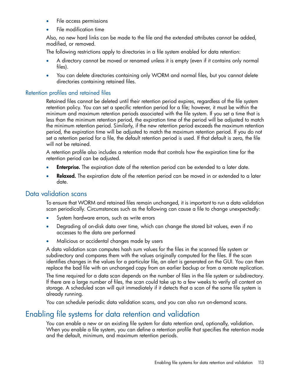 Retention profiles and retained files, Data validation scans | HP StoreAll Storage User Manual | Page 113 / 165