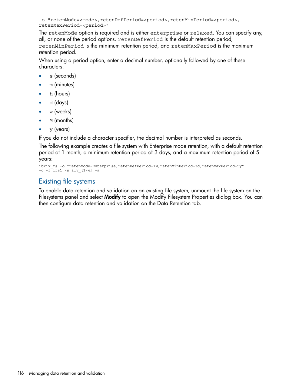 Existing file systems | HP StoreAll Storage User Manual | Page 116 / 165