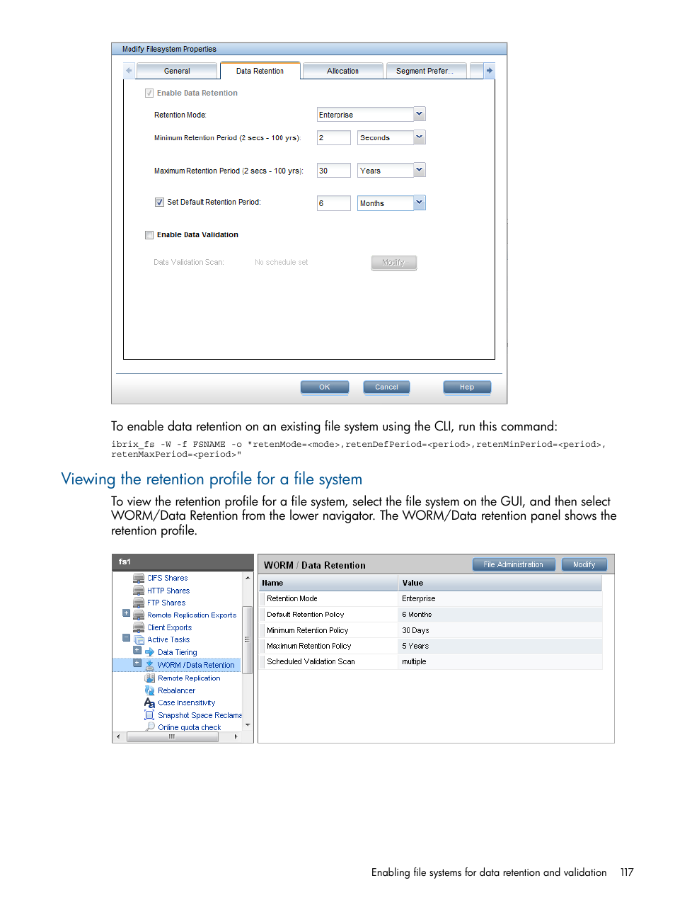 Viewing the retention profile for a file system | HP StoreAll Storage User Manual | Page 117 / 165