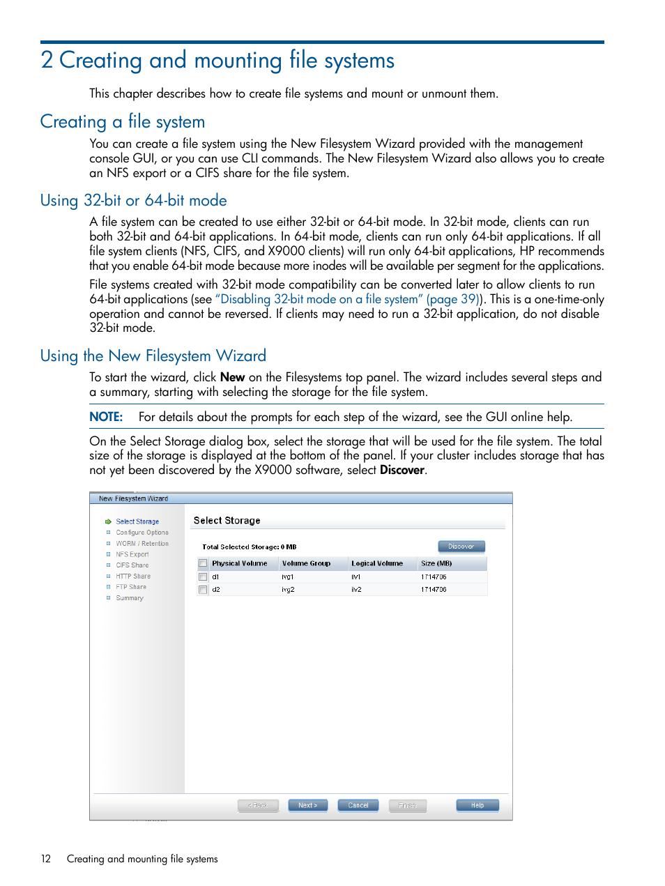2 creating and mounting file systems, Creating a file system, Using 32-bit or 64-bit mode | Using the new filesystem wizard | HP StoreAll Storage User Manual | Page 12 / 165