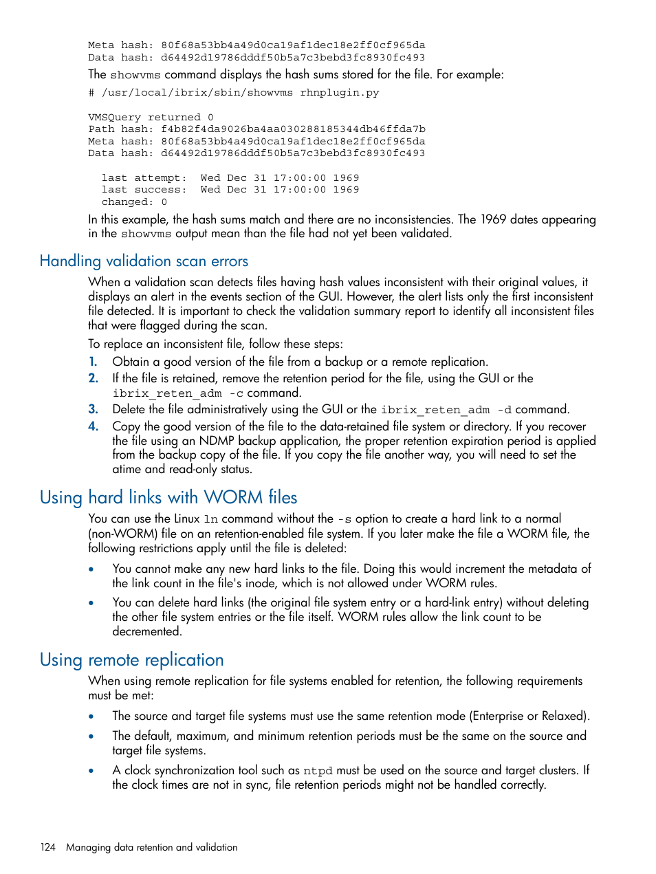 Handling validation scan errors, Using hard links with worm files, Using remote replication | HP StoreAll Storage User Manual | Page 124 / 165