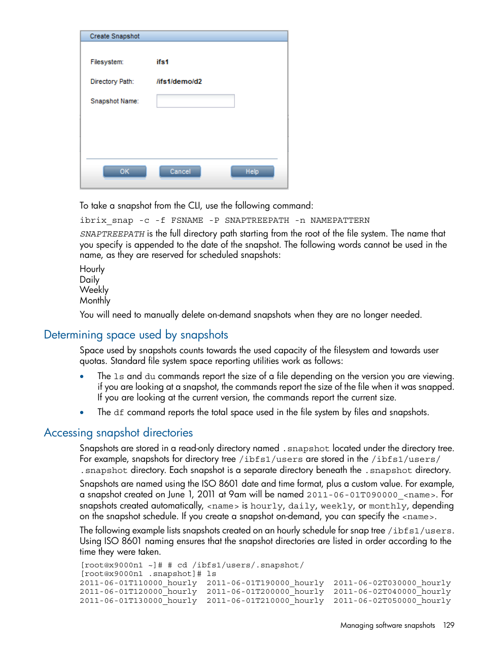 Determining space used by snapshots, Accessing snapshot directories | HP StoreAll Storage User Manual | Page 129 / 165