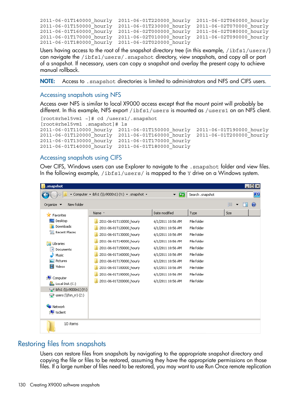 Restoring files from snapshots | HP StoreAll Storage User Manual | Page 130 / 165