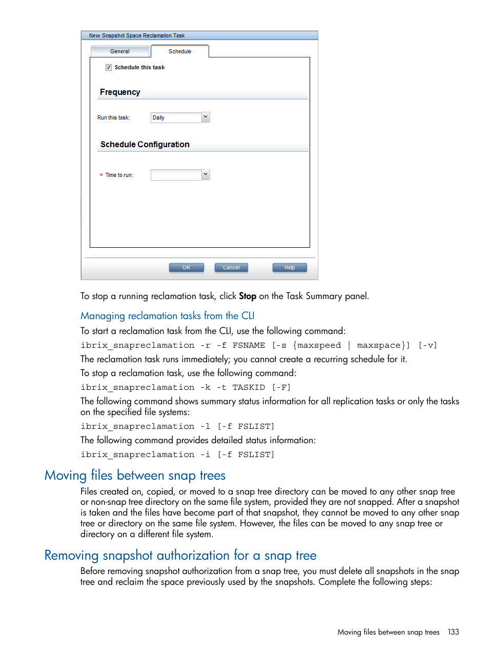 Moving files between snap trees, Removing snapshot authorization for a snap tree | HP StoreAll Storage User Manual | Page 133 / 165
