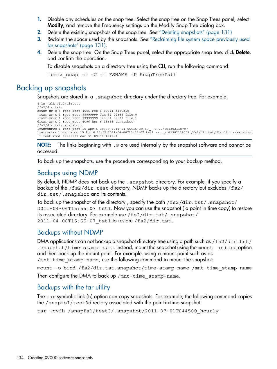 Backing up snapshots, Backups using ndmp, Backups without ndmp | Backups with the tar utility | HP StoreAll Storage User Manual | Page 134 / 165