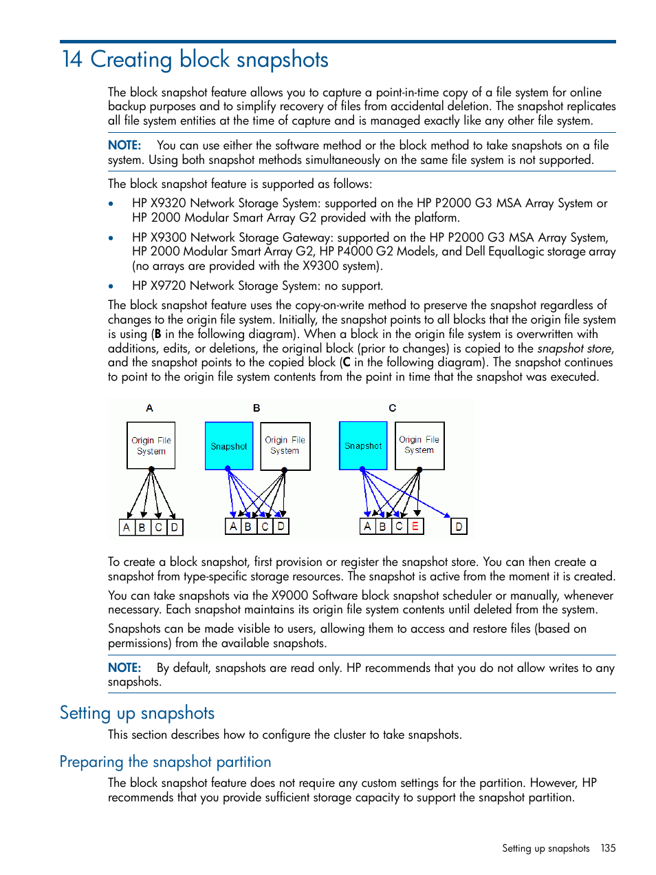 14 creating block snapshots, Setting up snapshots, Preparing the snapshot partition | HP StoreAll Storage User Manual | Page 135 / 165