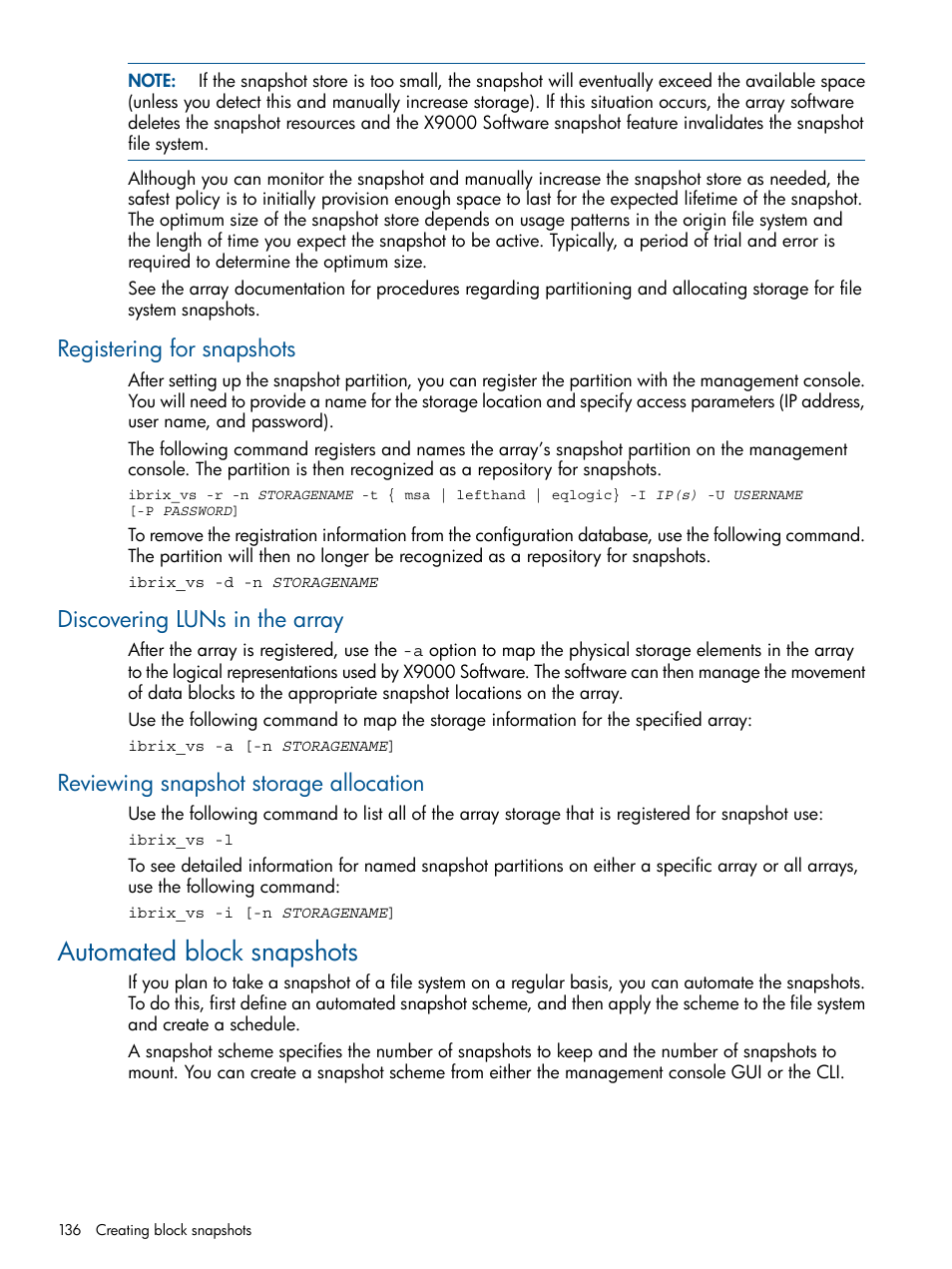 Registering for snapshots, Discovering luns in the array, Reviewing snapshot storage allocation | Automated block snapshots | HP StoreAll Storage User Manual | Page 136 / 165