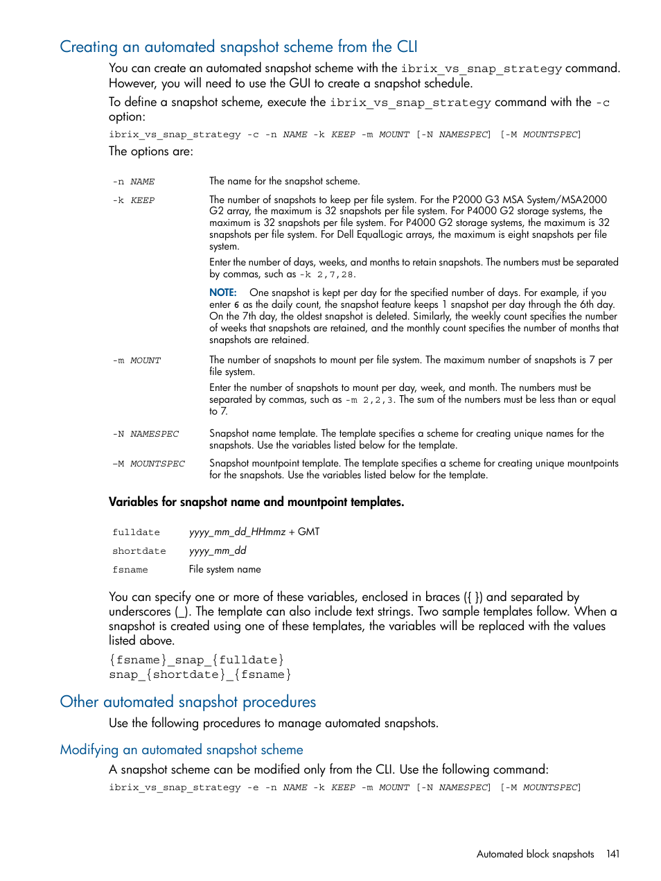 Creating an automated snapshot scheme from the cli, Other automated snapshot procedures, Modifying an automated snapshot scheme | HP StoreAll Storage User Manual | Page 141 / 165