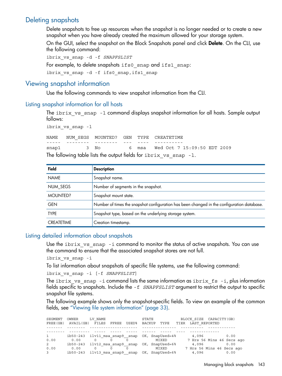 Deleting snapshots, Viewing snapshot information, Listing snapshot information for all hosts | Listing detailed information about snapshots, Deleting snapshots viewing snapshot information | HP StoreAll Storage User Manual | Page 143 / 165