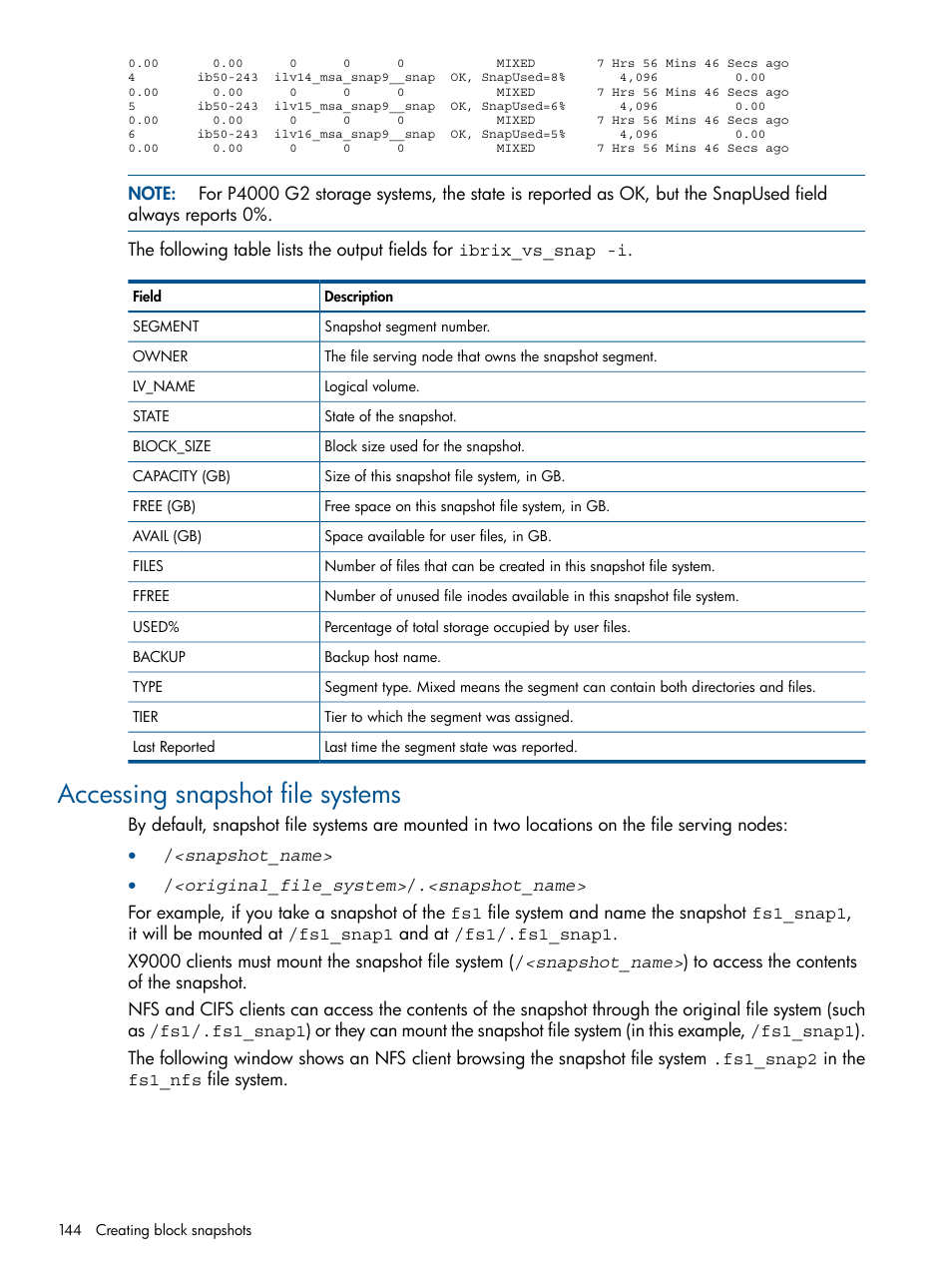 Accessing snapshot file systems | HP StoreAll Storage User Manual | Page 144 / 165