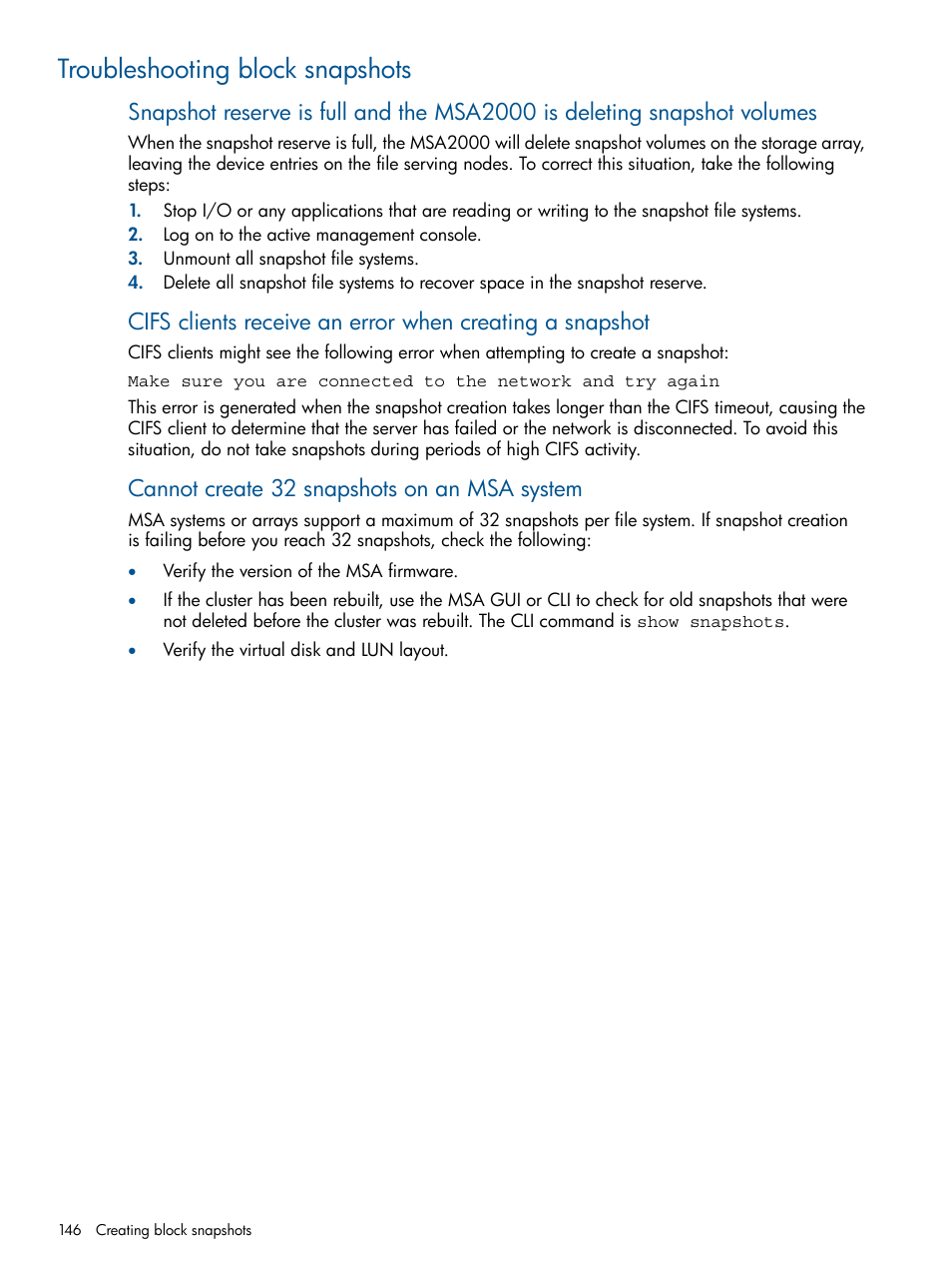 Troubleshooting block snapshots, Cannot create 32 snapshots on an msa system | HP StoreAll Storage User Manual | Page 146 / 165