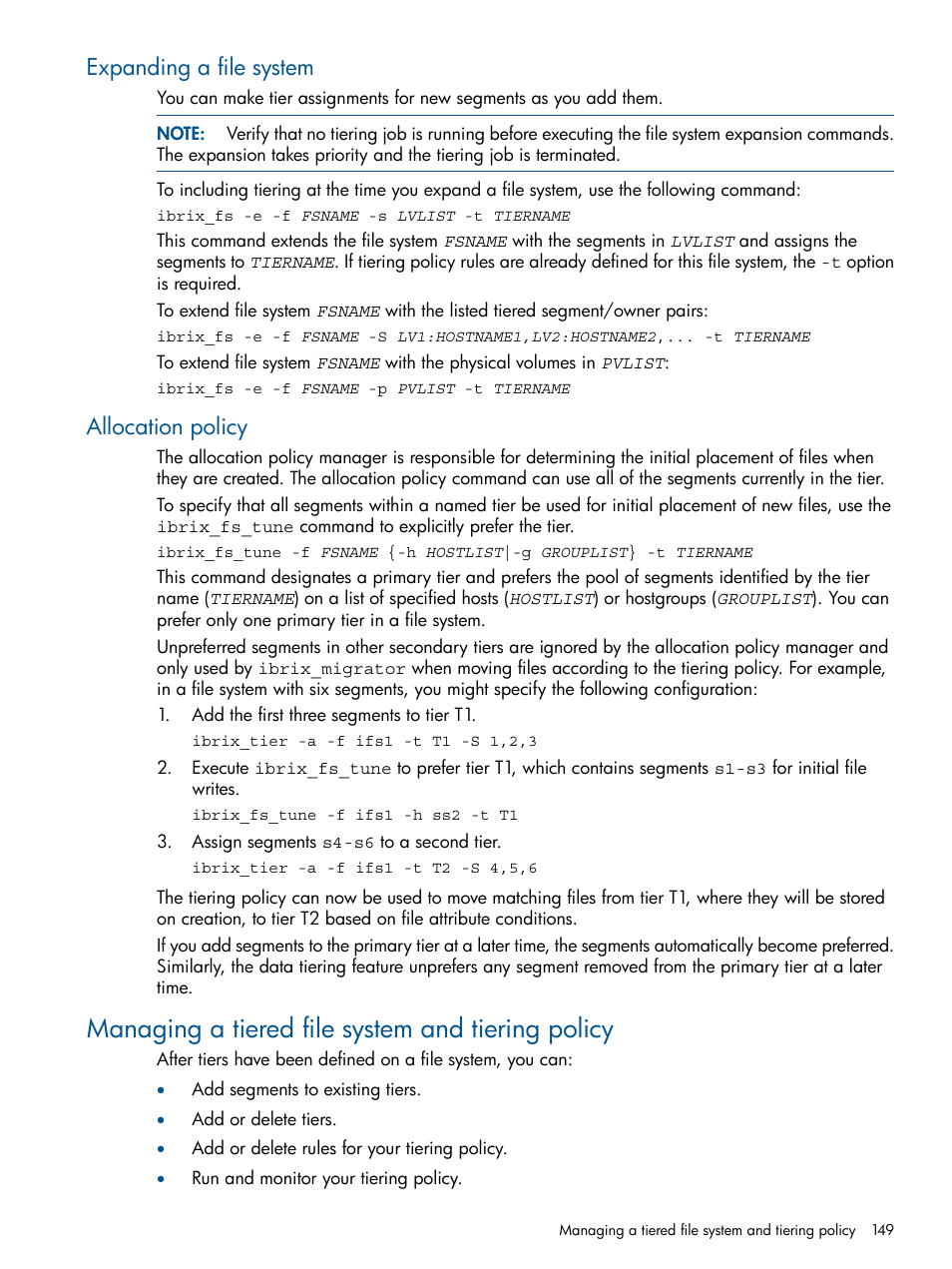 Expanding a file system, Allocation policy, Managing a tiered file system and tiering policy | Expanding a file system allocation policy | HP StoreAll Storage User Manual | Page 149 / 165