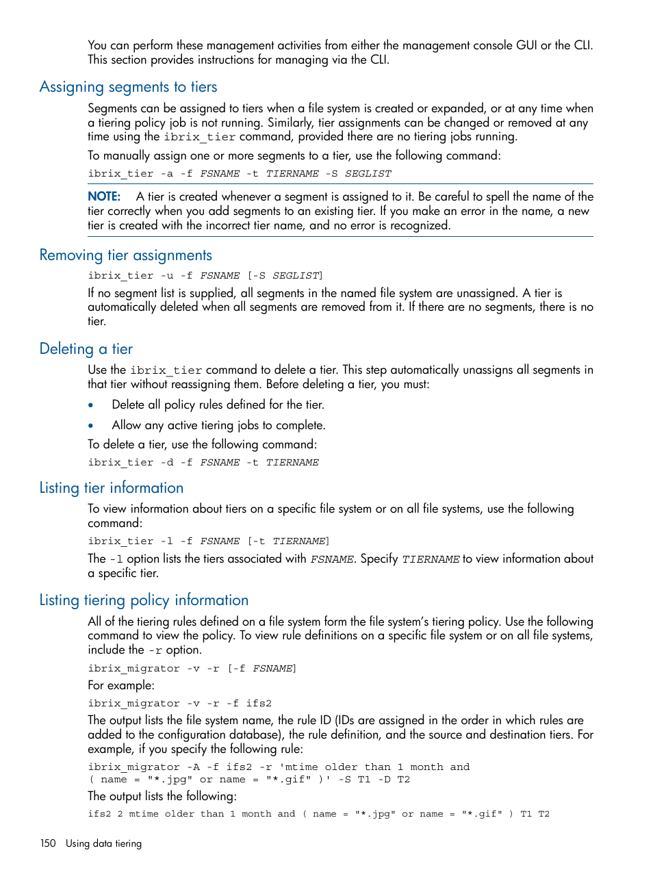 Assigning segments to tiers, Removing tier assignments, Deleting a tier | Listing tier information, Listing tiering policy information | HP StoreAll Storage User Manual | Page 150 / 165