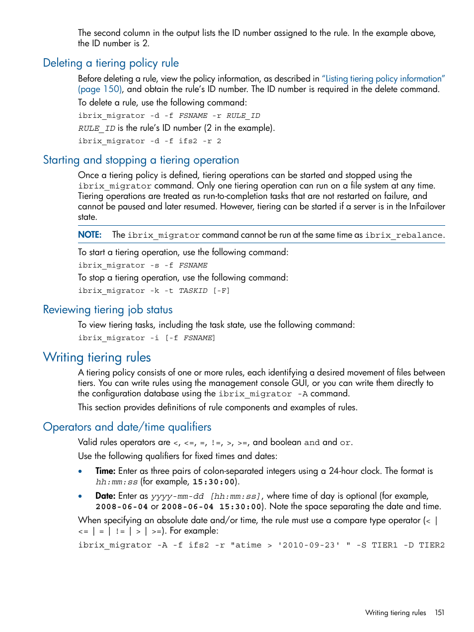 Deleting a tiering policy rule, Starting and stopping a tiering operation, Reviewing tiering job status | Writing tiering rules, Operators and date/time qualifiers | HP StoreAll Storage User Manual | Page 151 / 165