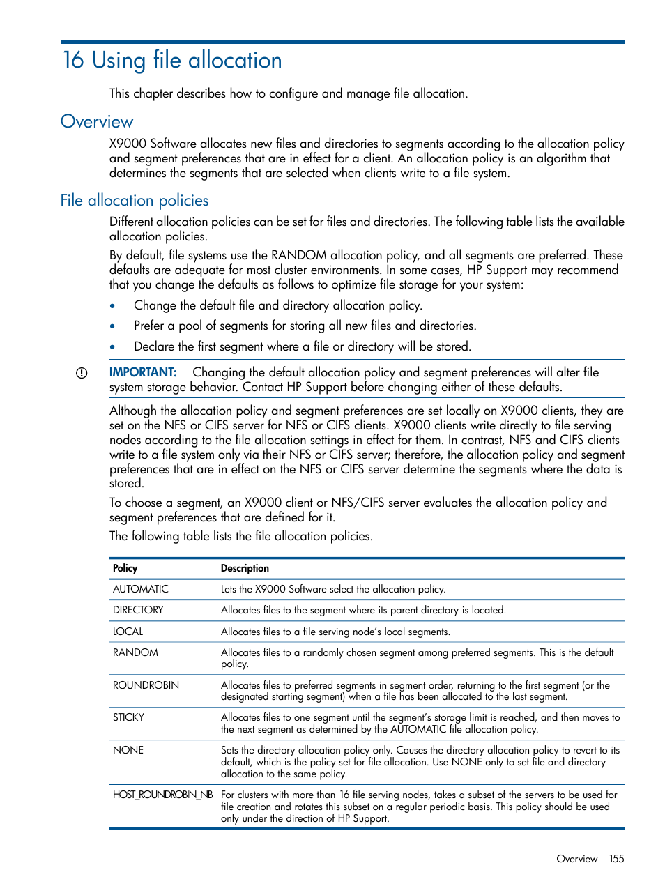 16 using file allocation, Overview, File allocation policies | HP StoreAll Storage User Manual | Page 155 / 165