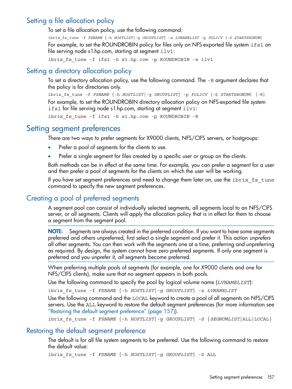 Setting a file allocation policy, Setting a directory allocation policy, Setting segment preferences | Creating a pool of preferred segments, Restoring the default segment preference | HP StoreAll Storage User Manual | Page 157 / 165