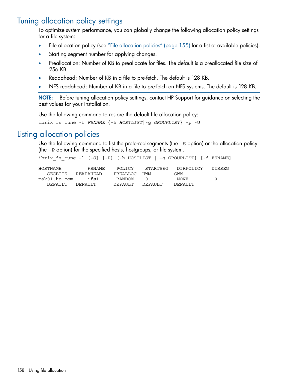 Tuning allocation policy settings, Listing allocation policies | HP StoreAll Storage User Manual | Page 158 / 165