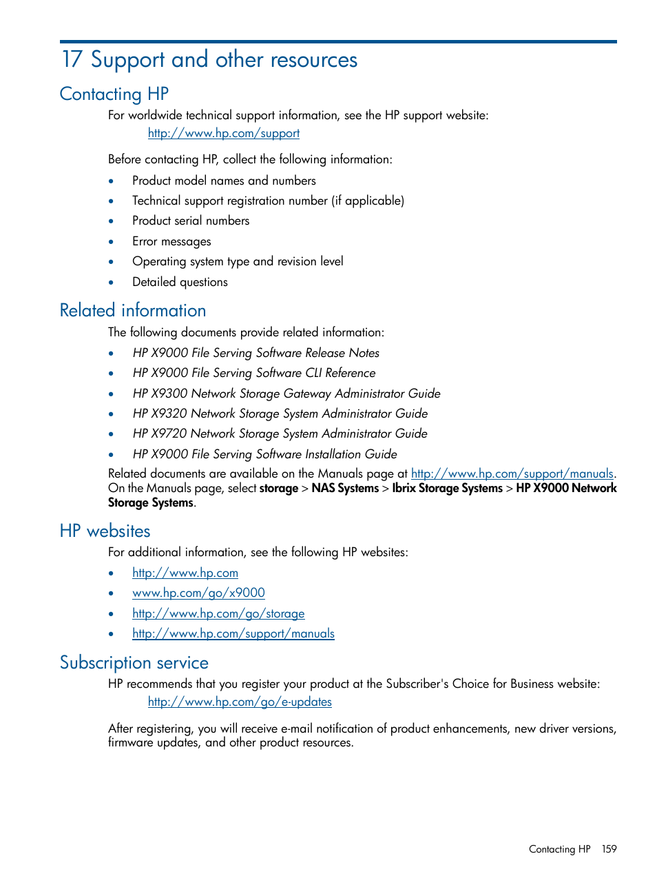 17 support and other resources, Contacting hp, Related information | Hp websites, Subscription service, Contacting hp related information hp websites | HP StoreAll Storage User Manual | Page 159 / 165