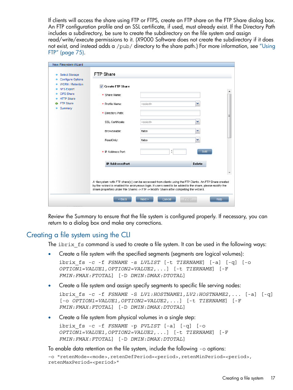 Creating a file system using the cli | HP StoreAll Storage User Manual | Page 17 / 165