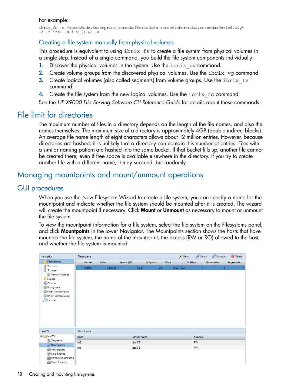 File limit for directories, Managing mountpoints and mount/unmount operations, Gui procedures | HP StoreAll Storage User Manual | Page 18 / 165