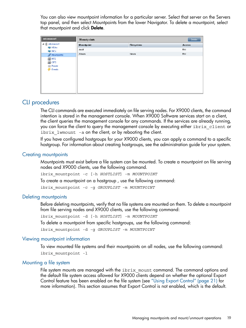 Cli procedures, Creating mountpoints, Deleting mountpoints | Viewing mountpoint information, Mounting a file system | HP StoreAll Storage User Manual | Page 19 / 165