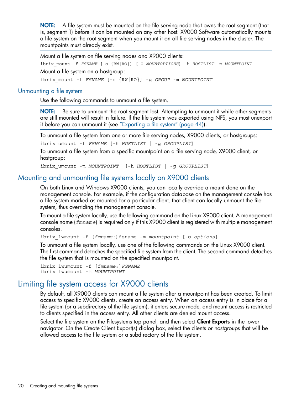 Unmounting a file system, Limiting file system access for x9000 clients | HP StoreAll Storage User Manual | Page 20 / 165