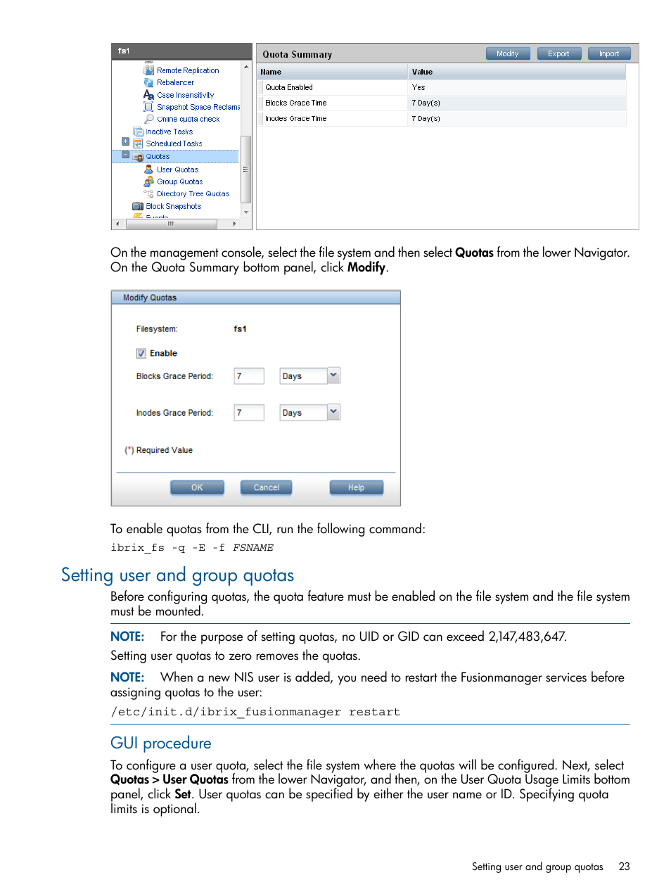 Setting user and group quotas, Gui procedure | HP StoreAll Storage User Manual | Page 23 / 165
