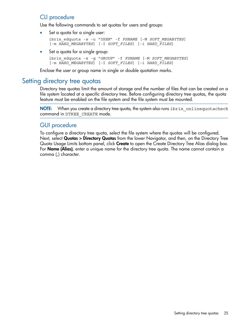 Setting directory tree quotas, Cli procedure, Gui procedure | HP StoreAll Storage User Manual | Page 25 / 165