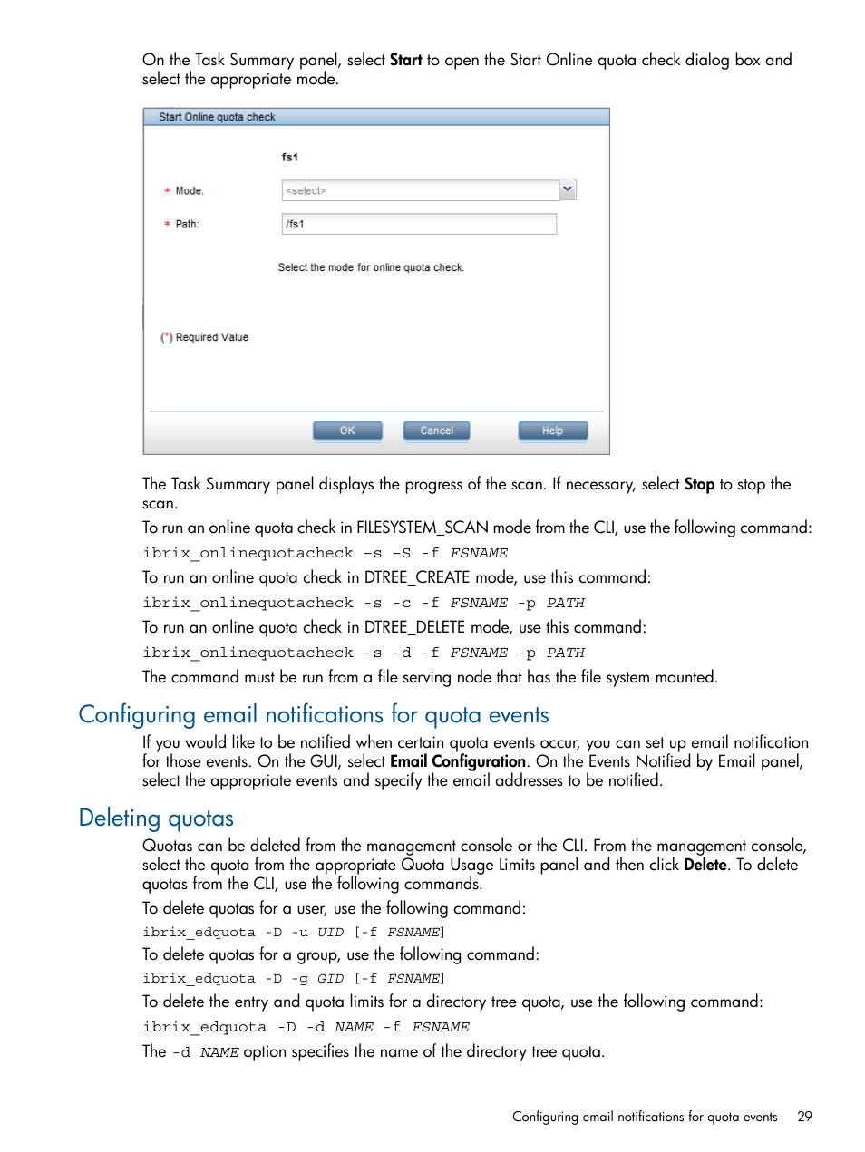 Configuring email notifications for quota events, Deleting quotas | HP StoreAll Storage User Manual | Page 29 / 165