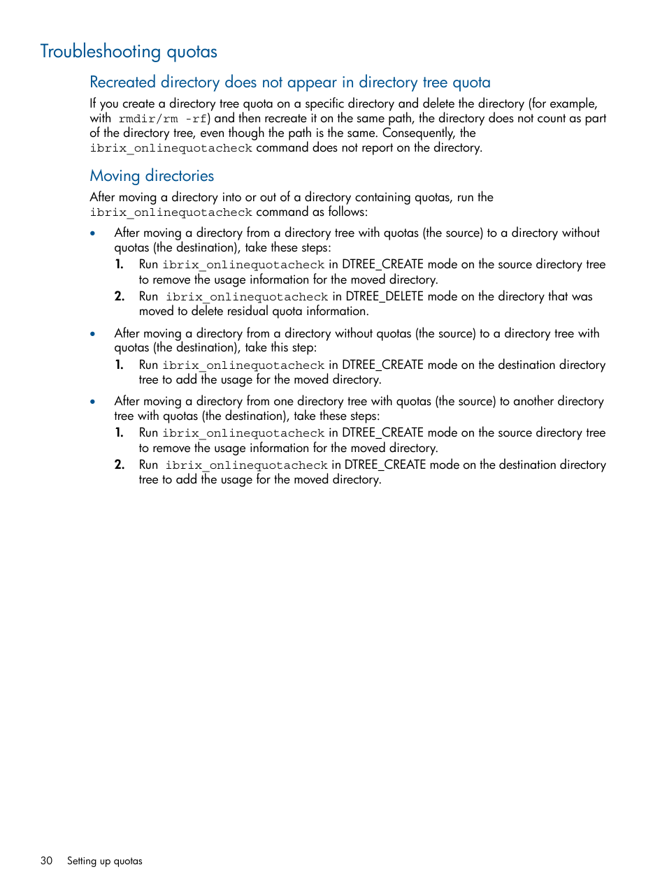 Troubleshooting quotas, Moving directories | HP StoreAll Storage User Manual | Page 30 / 165