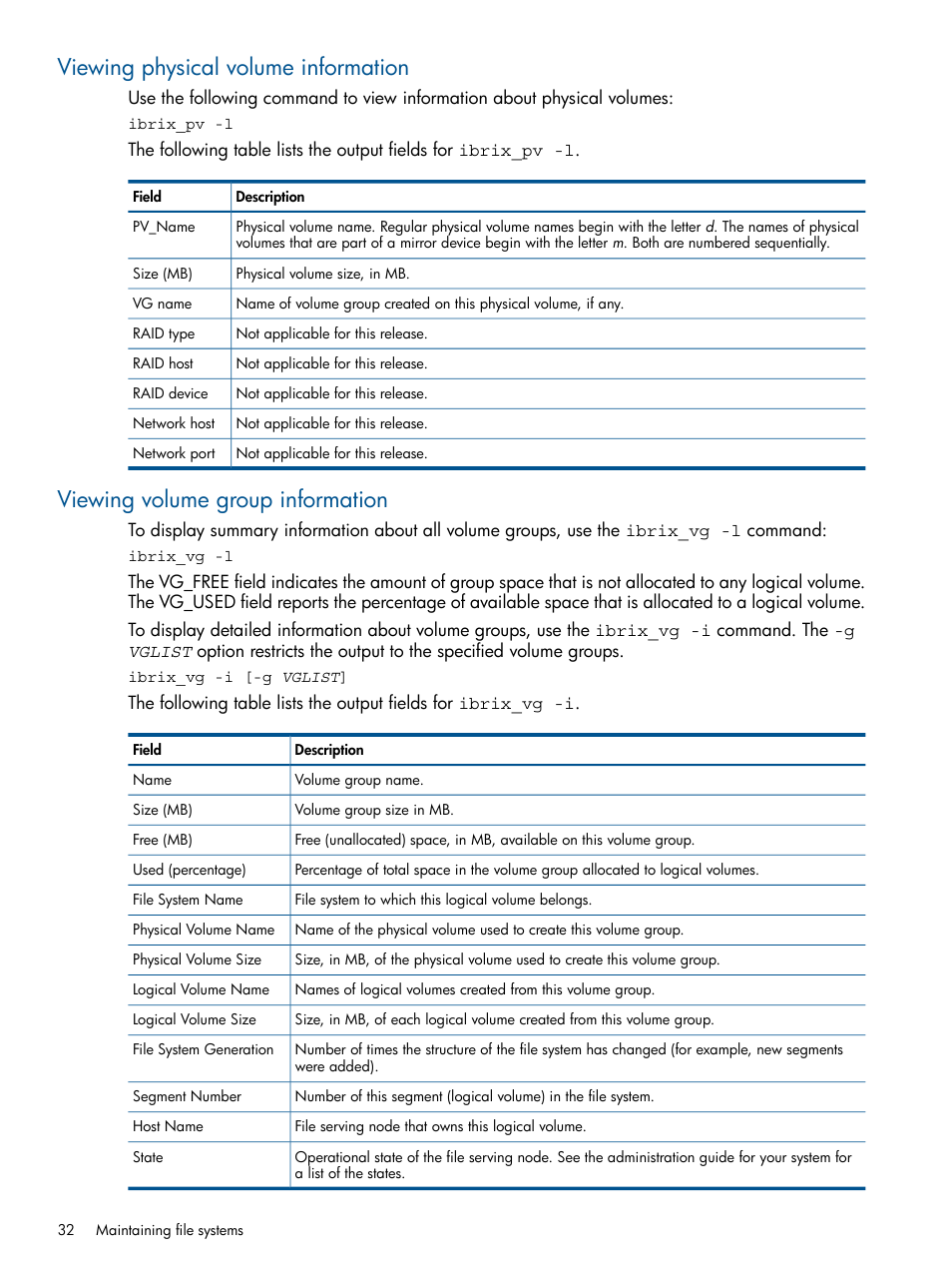 Viewing physical volume information, Viewing volume group information | HP StoreAll Storage User Manual | Page 32 / 165