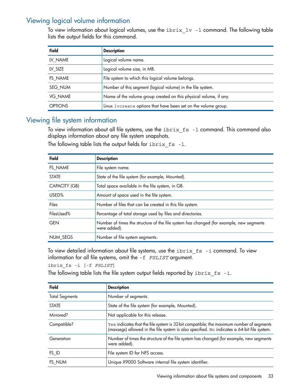 Viewing logical volume information, Viewing file system information | HP StoreAll Storage User Manual | Page 33 / 165