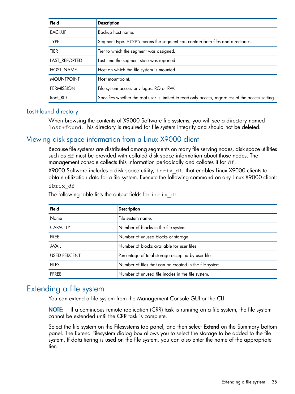 Lost+found directory, Extending a file system | HP StoreAll Storage User Manual | Page 35 / 165