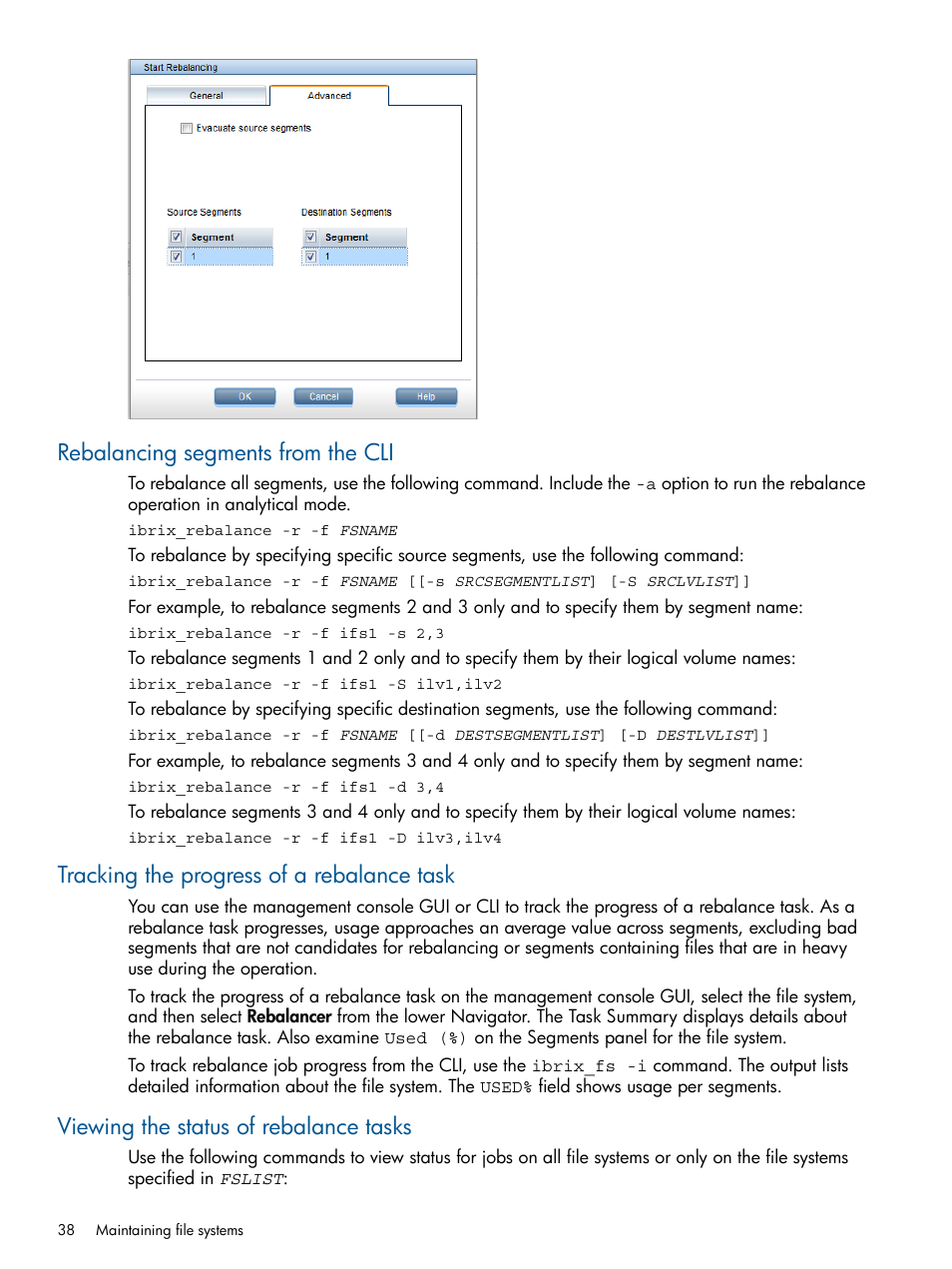 Rebalancing segments from the cli, Tracking the progress of a rebalance task, Viewing the status of rebalance tasks | HP StoreAll Storage User Manual | Page 38 / 165