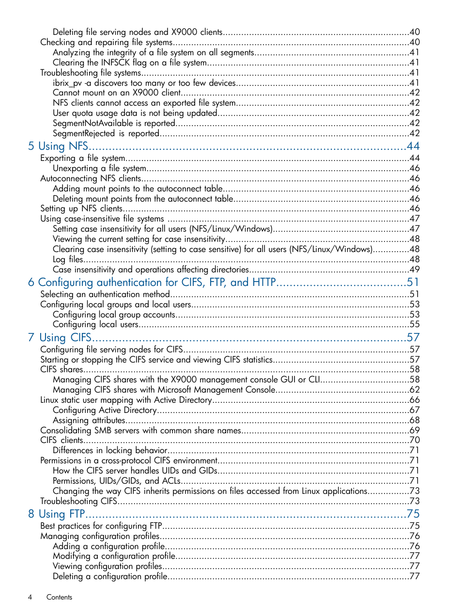 5 using nfs, 7 using cifs, 8 using ftp | HP StoreAll Storage User Manual | Page 4 / 165