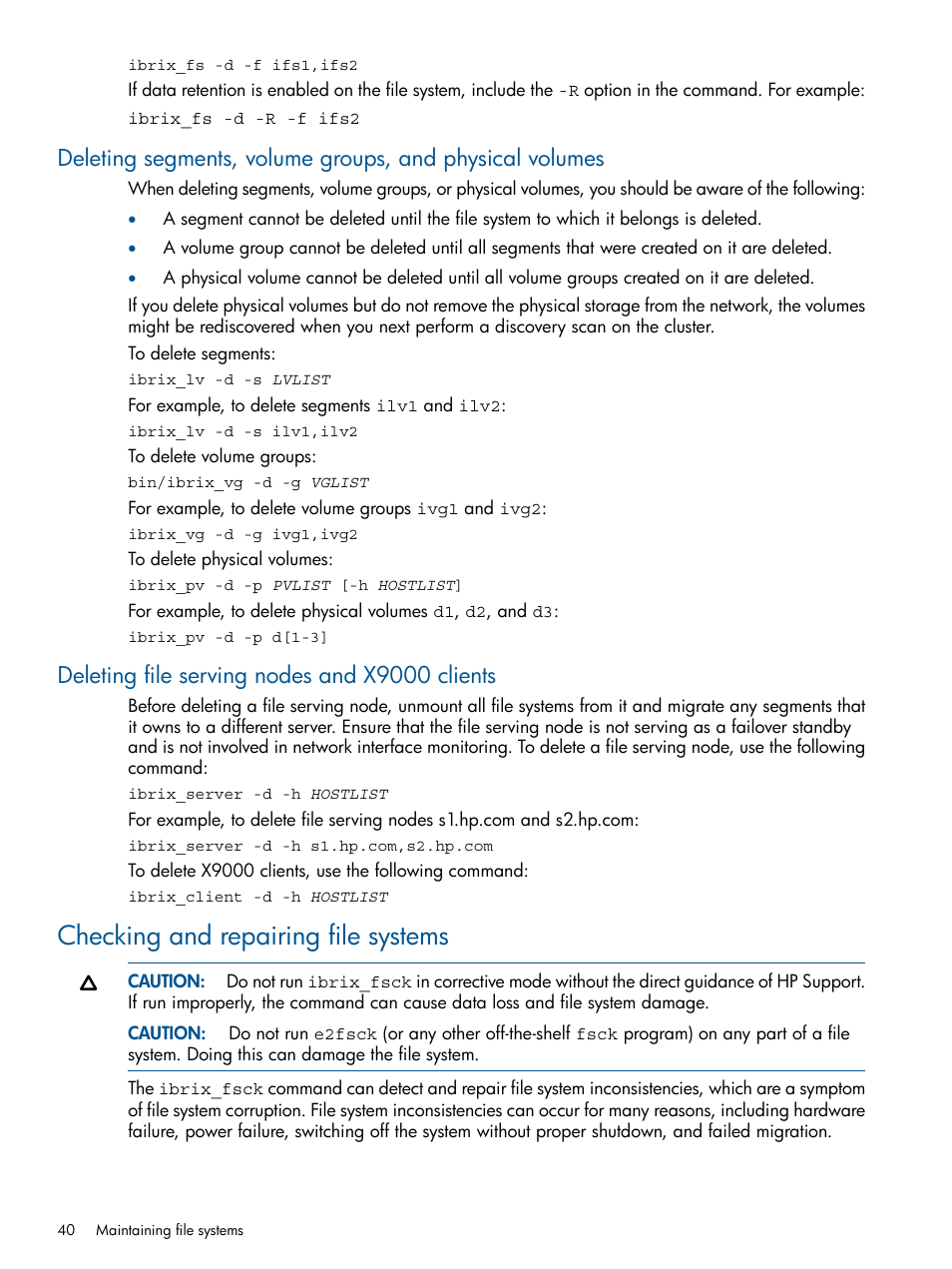 Deleting file serving nodes and x9000 clients, Checking and repairing file systems | HP StoreAll Storage User Manual | Page 40 / 165