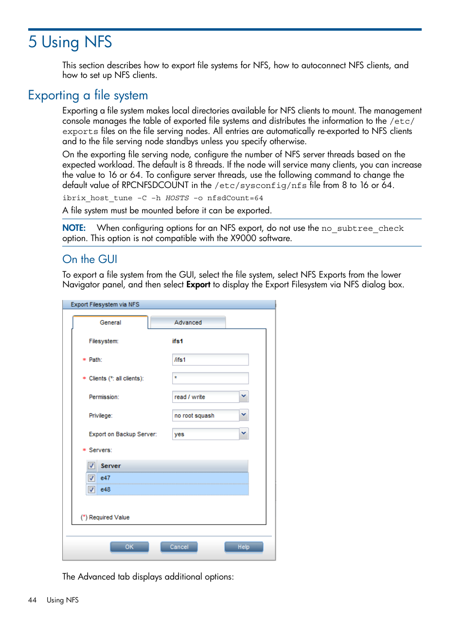5 using nfs, Exporting a file system, On the gui | HP StoreAll Storage User Manual | Page 44 / 165