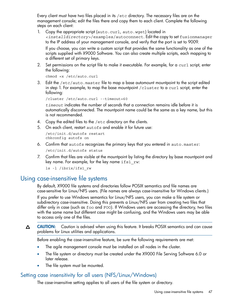 Using case-insensitive file systems | HP StoreAll Storage User Manual | Page 47 / 165