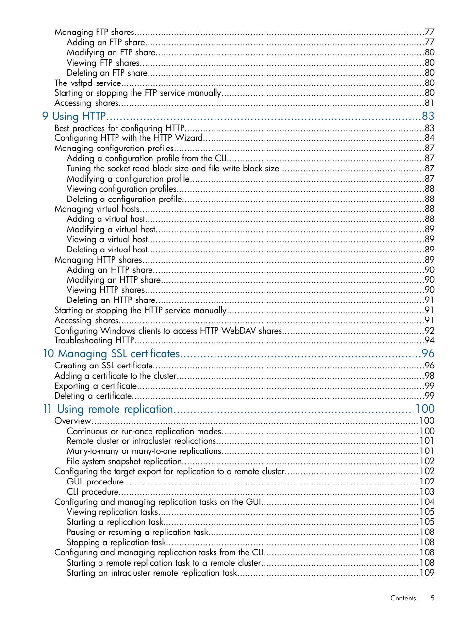 10 managing ssl certificates, 11 using remote replication | HP StoreAll Storage User Manual | Page 5 / 165