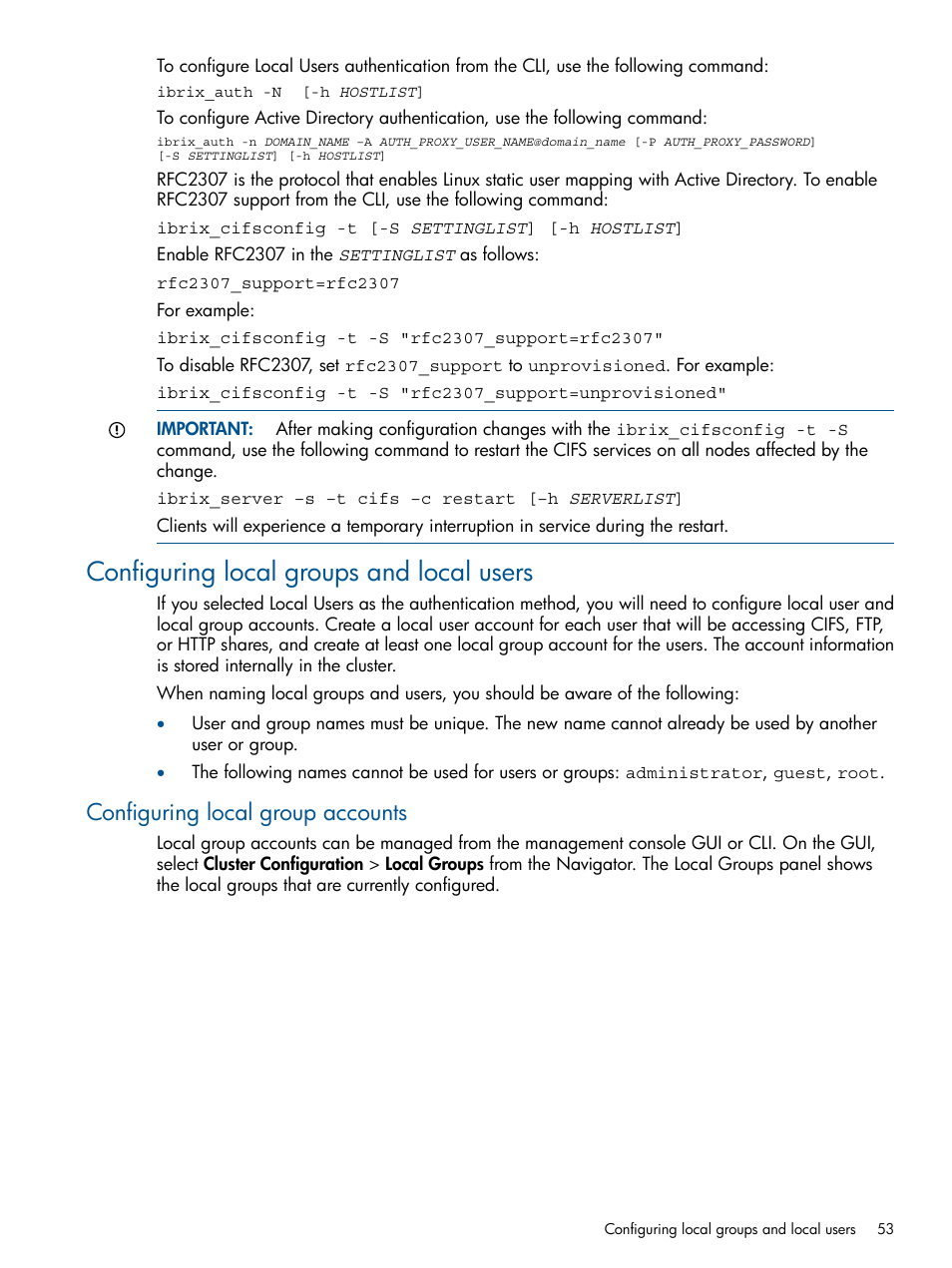 Configuring local groups and local users, Configuring local group accounts | HP StoreAll Storage User Manual | Page 53 / 165