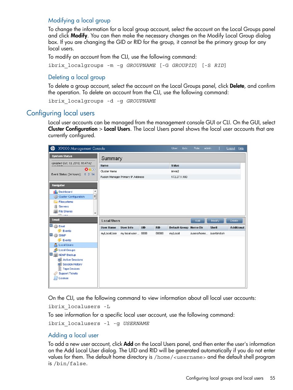 Configuring local users | HP StoreAll Storage User Manual | Page 55 / 165