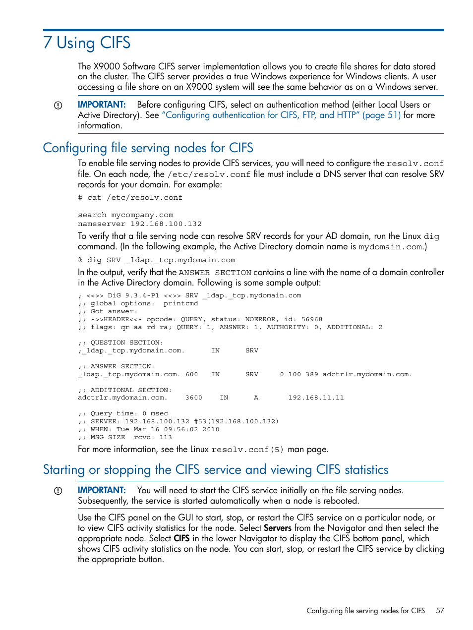 7 using cifs, Configuring file serving nodes for cifs | HP StoreAll Storage User Manual | Page 57 / 165