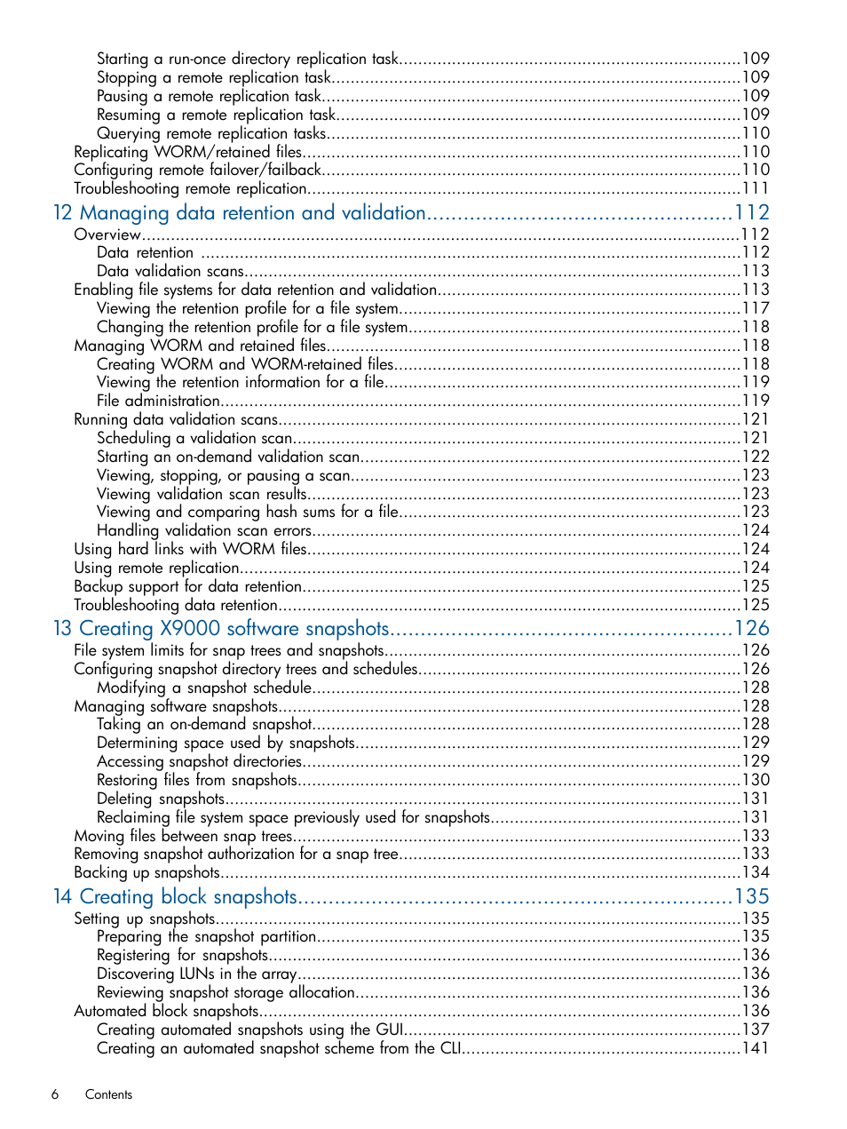 12 managing data retention and validation, 14 creating block snapshots | HP StoreAll Storage User Manual | Page 6 / 165