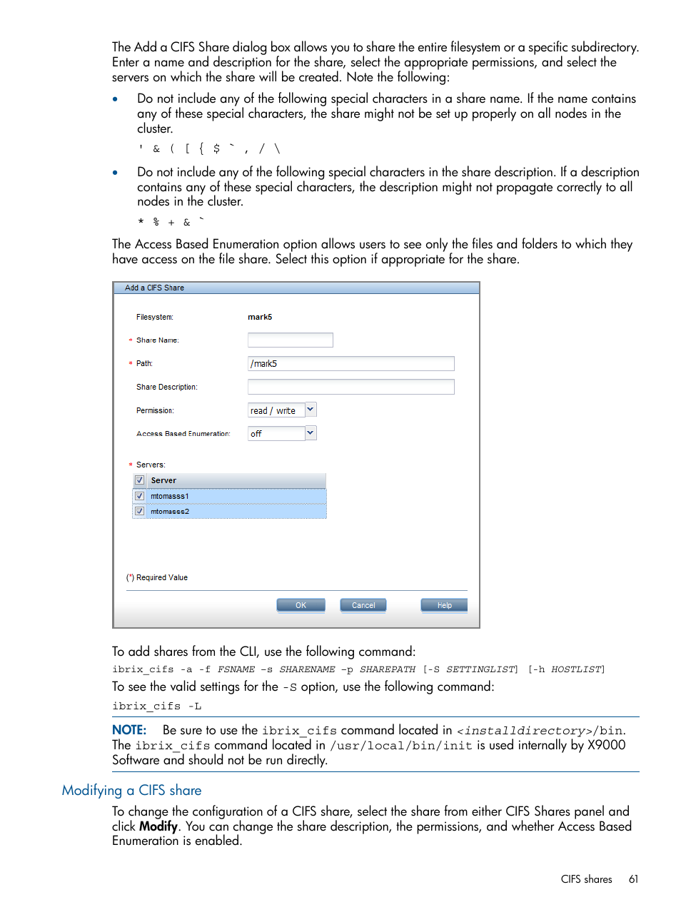 Modifying a cifs share | HP StoreAll Storage User Manual | Page 61 / 165