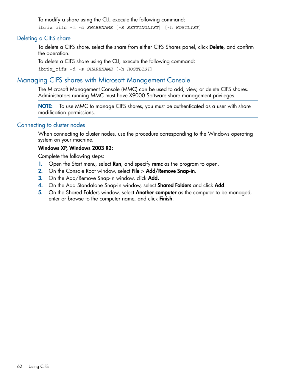 Deleting a cifs share, Connecting to cluster nodes | HP StoreAll Storage User Manual | Page 62 / 165